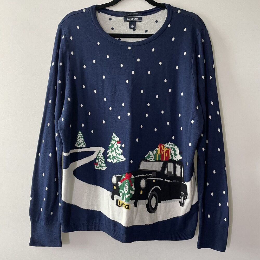 Lands' End Christmas Sweater Long Sleeve Snow Scene Navy Cotton Size XL-dmpv